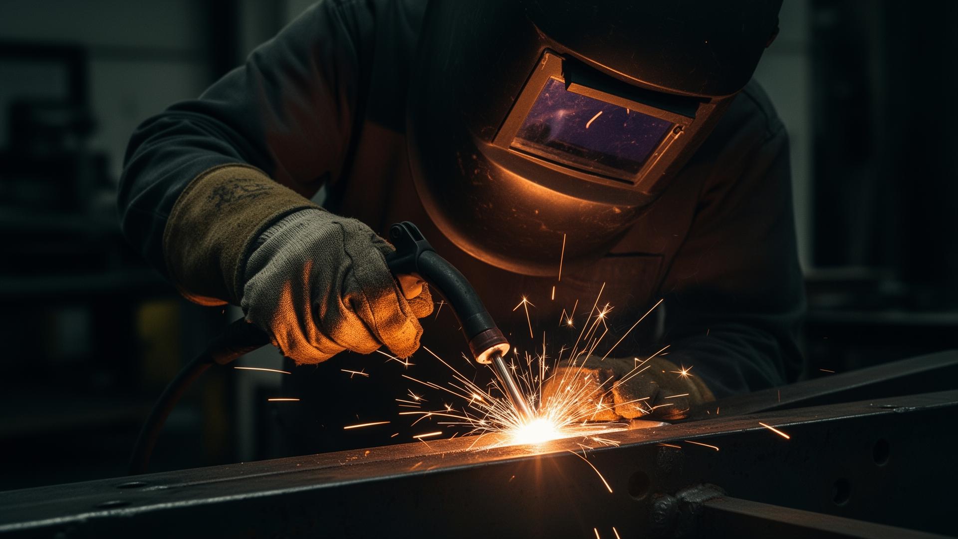 Professional welder at work with sparks flying